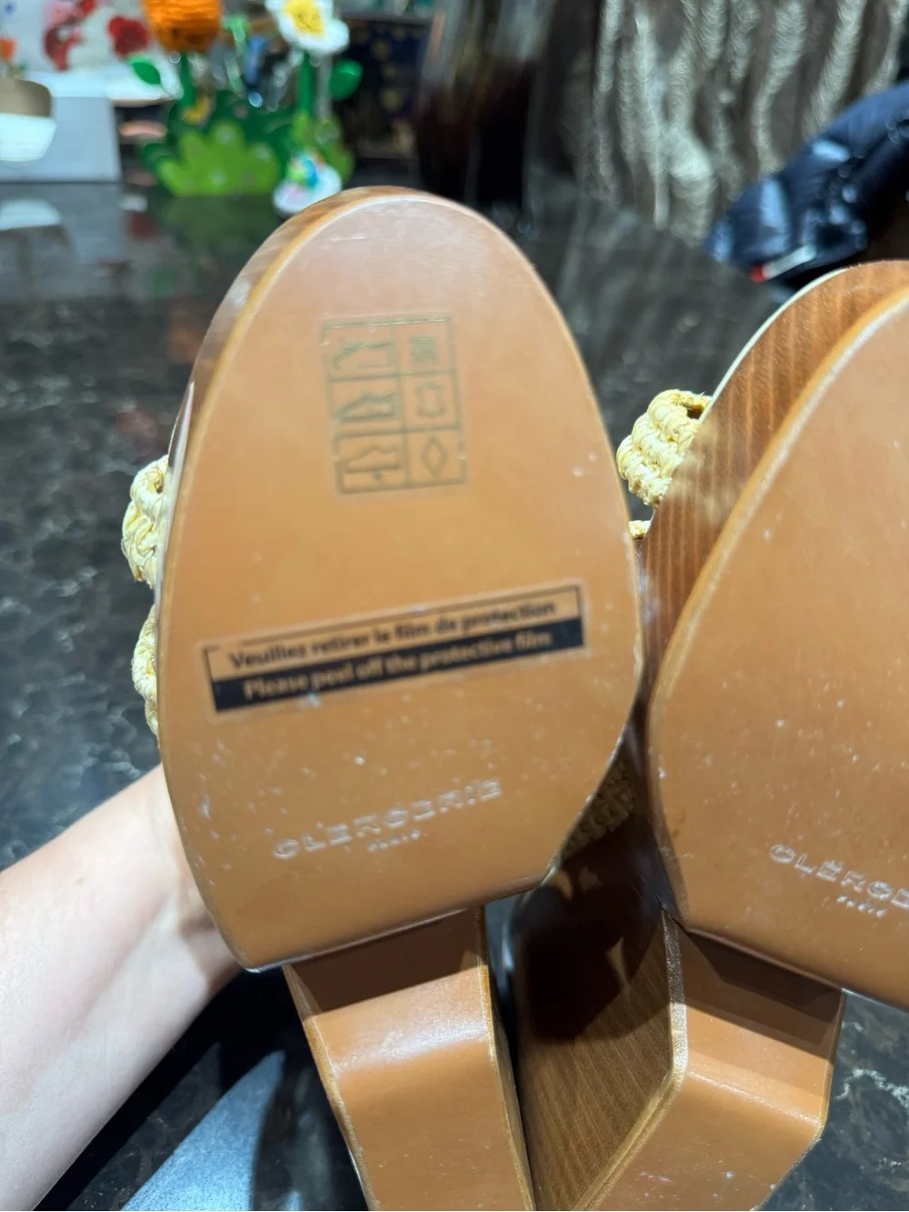 Clergerie Braided Natural Raffia Platform Slide with Floral Wood Wedge